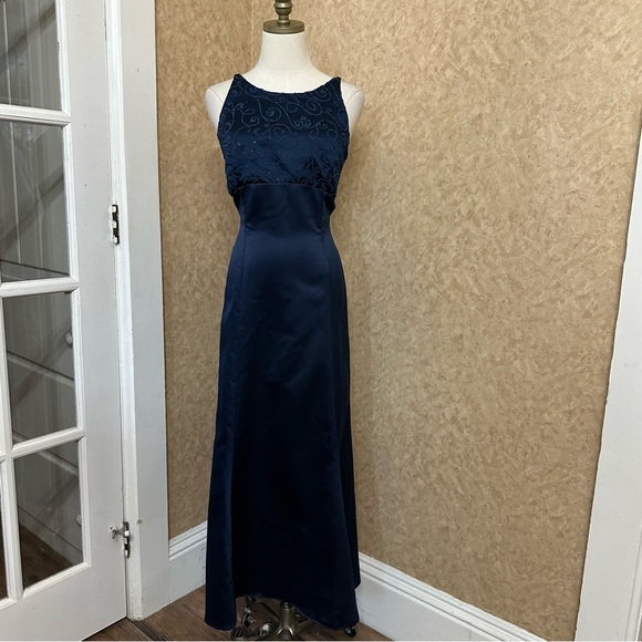 Alfred Angelo Dresses & Skirts - VTG 90s Dark Blue Satin Beaded Goth Princess Formal Prom Gown Dress